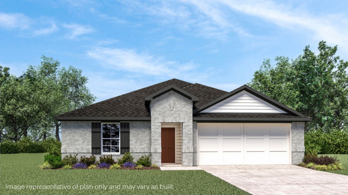 Modern single-story home with a brick exterior, two-car garage, and well-maintained front lawn in a suburban neighborhood.