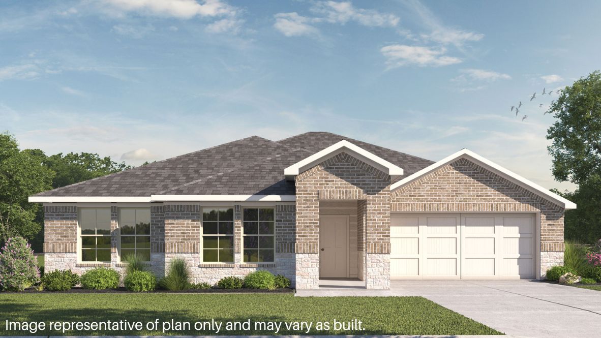 Newly built single story brick home with modern architecture, a double garage, and landscaped front yard.