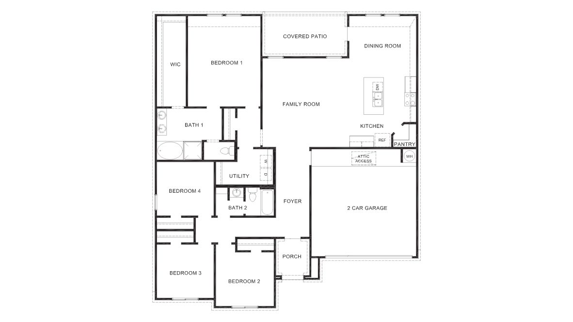 The Dean is a thoughtfully designed 1,885 sq. ft. 4 bedrooms, 2 bathrooms and an optional 3-car garage home perfect for any family. This beautiful home features a spacious kitchen with an abundance of cabinet space. The kitchen also features quartz countertops, subway tile backsplash, a large kitchen island and stainless steel appliances. The kitchen overlooks the dining area and large family room. Enjoy the open space perfect for entertaining. The main bedroom, bedroom 1, is located off the large family room and includes a huge walk in closet. The Dean also offers a large covered patio with front yard landscaping and fully sodded yard. This home includes our HOME IS CONNECTED base package which includes the Alexa Voice control, Front Door Bell, Front Door Deadbolt Lock, Home Hub, Light Switch, and Thermostat