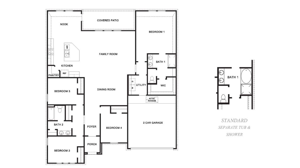 The Frisco is a beautiful single-story, 2,100 square feet, 4 bedroom, 2 bathroom, 2-car garage plan. Perfect for entertaining, this home has it all!. The foyer leads you into the spacious dining room just off the family room. This layout offers a large kitchen with an oversized quartz island and is equipped with a walk-in pantry. The kitchen features Stainless Steel appliances and a gas range. A beautiful bedroom one suite is located at the back of the house for complete privacy, ensuite including a double vanity sink and separate shower and tub. The exterior comes with front and back sod, landscaping in the front, and a large covered patio!