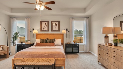 Primary bedroom with ceiling fan, plush carpeting, and a large walk-in closet.
