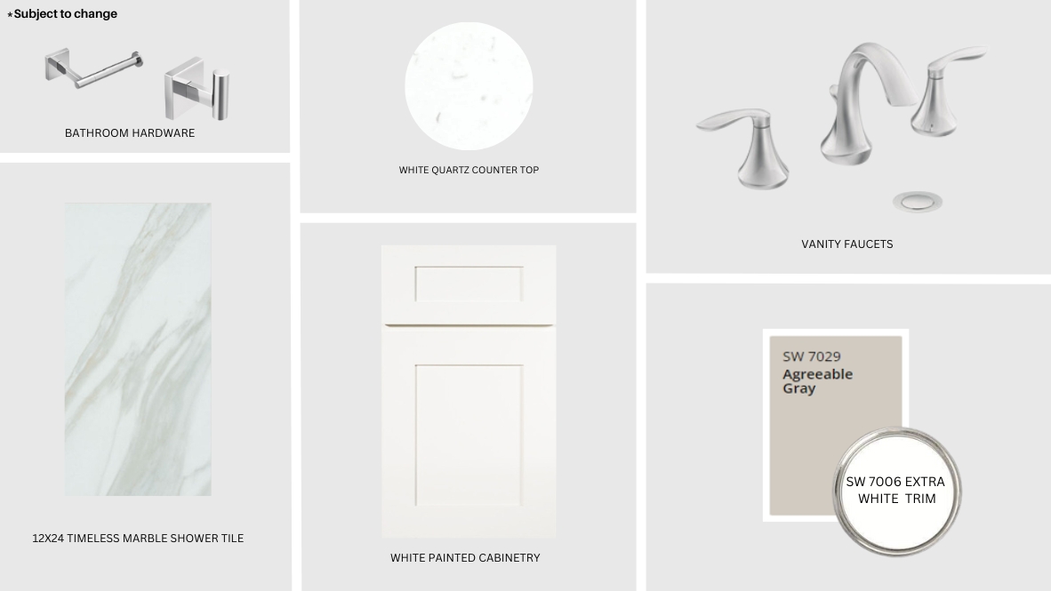 Modern primary bathroom with double vanities, granite countertops, and a glass-enclosed shower with a walk-in closet.