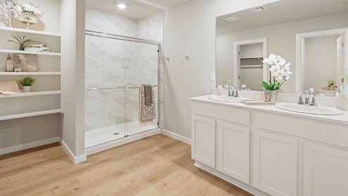 Interior bathroom with walk in shower and built in shelving