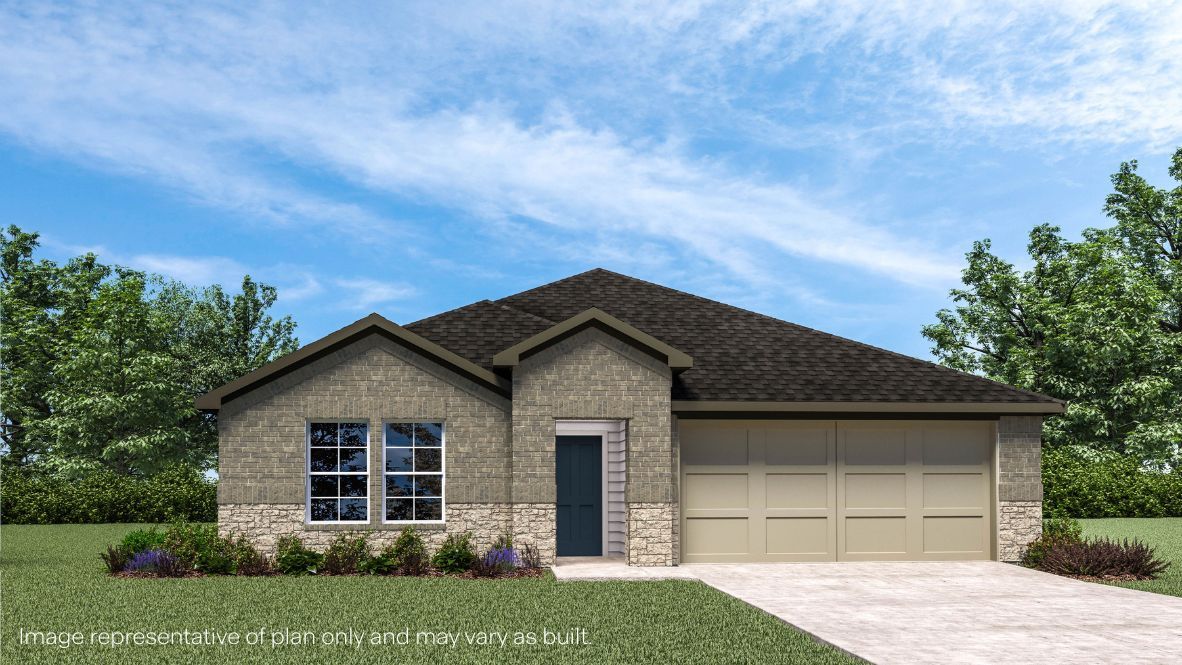 Exterior view highlighting façade, entry path, and front yard