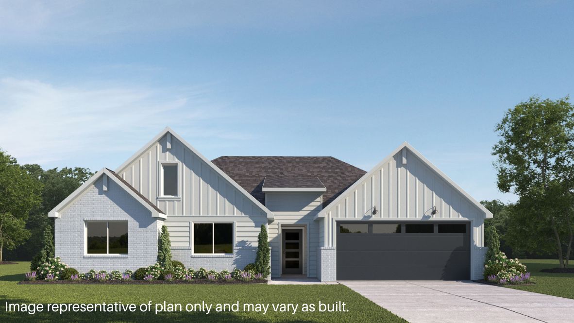 Modern single-story home with a brick exterior, two-car garage, and well-maintained front lawn in a suburban neighborhood.