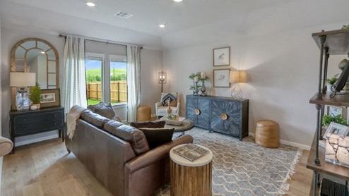 Interior of living room with large windows