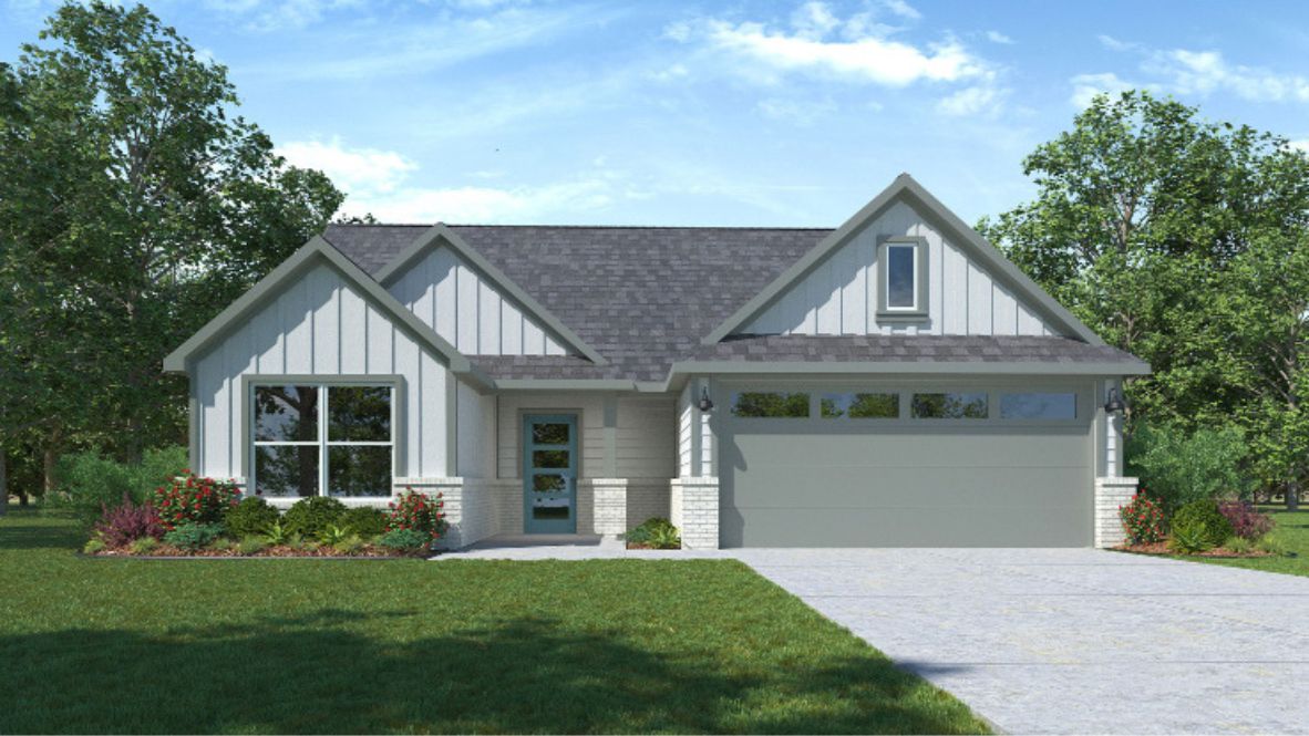 Newly built single story Farmhouse home with modern architecture, a double garage, and landscaped front yard.