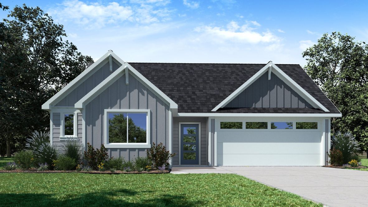 Fargo plan, newly built single story Farmhouse home with modern architecture, a double garage, and landscaped front