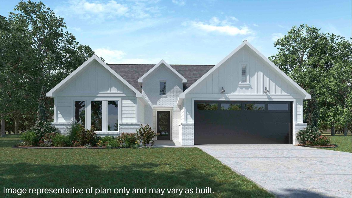 Newly built single story Farmhouse home with modern architecture, a double garage, and landscaped front yard.