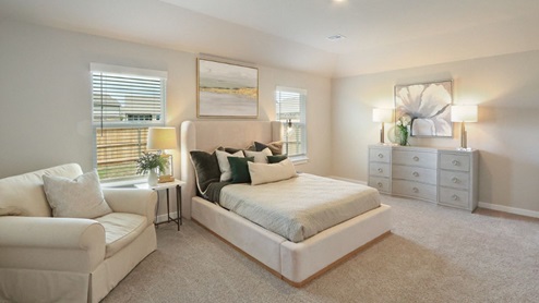 Interior of bedroom with two large windows