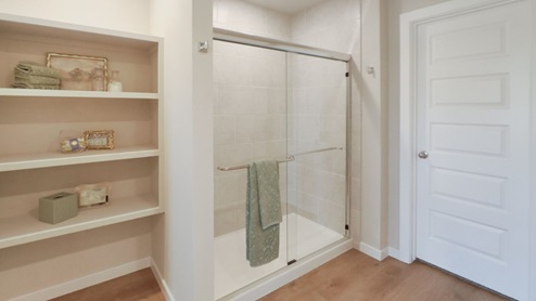 Interior bathroom with walk in closet and built in shelving