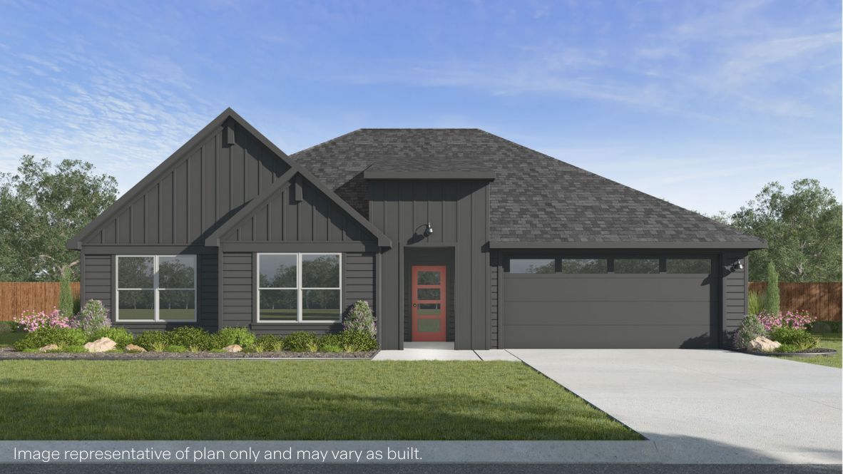 Modern single-story home with a brick exterior, two-car garage, and well-maintained front lawn in a suburban neighborhood.