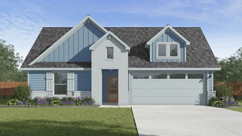 Exterior of one story home with blue cladding and a two car garage