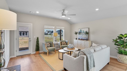 Interior of living room with large windows