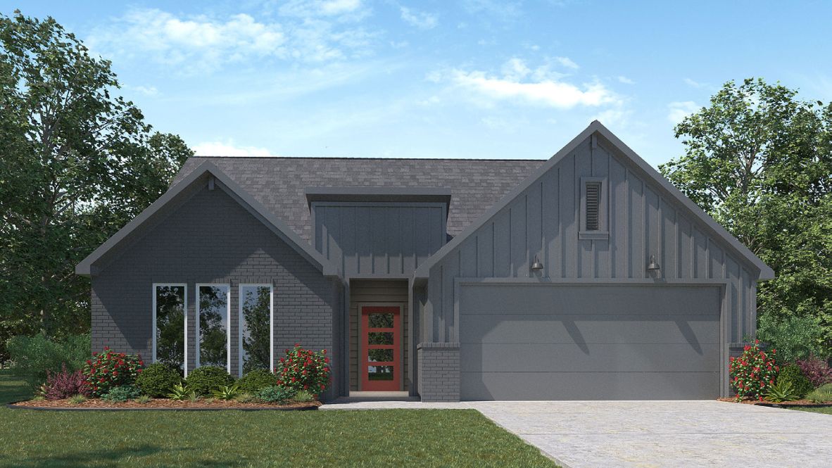 Modern single-story home with a brick exterior, two-car garage, and well-maintained front lawn in a suburban neighborhood.