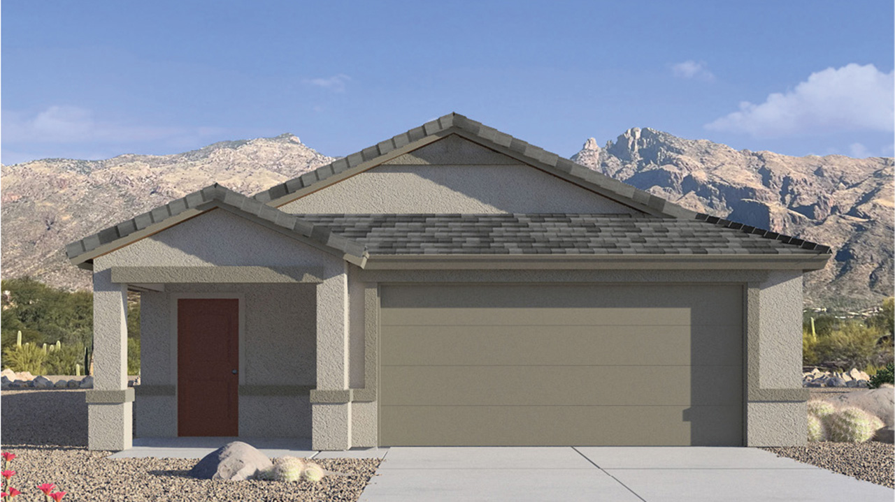 Introducing The Brooke at Coronet at Gladden Farms in Marana, Arizona – a unique 1,654 sq. ft. single-story new home designed for those who seek both comfort and style in a picturesque setting. Exclusively available at Coronet at Gladden Farms, this floorplan offers a one-of-a-kind living experience you won’t find anywhere else.  As you enter through the welcoming front porch, you’ll find yourself in a well-designed entryway that leads into the heart of the home. The great room, with its open and airy layout, is the perfect spot for gathering with family and friends. It flows seamlessly into the dining area and kitchen, creating an inviting space that’s ideal for everything from casual meals to entertaining guests.  The kitchen is the centerpiece of this home, featuring quartz countertops, modern appliances, and a large pantry that provides ample storage. The adjacent dining area offers a comfortable setting for meals, and the open-concept design ensures that the kitchen, dining, and living spaces are always connected.  The Brooke offers a well-thought-out floor plan with four bedrooms, making it perfect for families of all sizes. The master suite, located at the rear of the home, provides a private retreat with a spacious bedroom, a walk-in closet, and an en-suite bathroom complete with dual vanities and a walk-in shower. The additional three bedrooms are thoughtfully positioned near the second full bathroom, ensuring comfort and convenience for all.  A utility room and a two-car garage add practicality to the overall design, while the covered patio extends your living space outdoors. Here, you can enjoy Arizona’s beautiful weather and the stunning views that Coronet at Gladden Farms has to offer.  Designed with energy efficiency in mind, The Brooke at Coronet at Gladden Farms is a DOE Zero Energy Ready Home, providing a sustainable lifestyle with lower utility costs and a reduced environmental footprint.