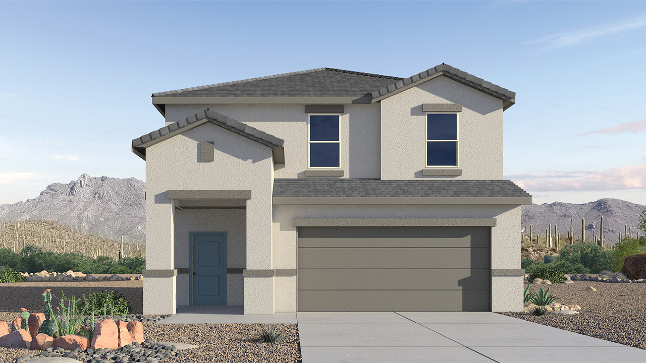 Elevation option A. Introducing The Grace at Coronet at Gladden Farms in Marana, Arizona – a spacious 1,965 sq. ft. two-story home that combines modern living with the charm of a vibrant community.  As you enter through the welcoming front porch, the entryway leads you into the open layout of the main floor. Here, the great room seamlessly connects to the dining area and kitchen, creating a perfect space for family gatherings and entertaining. The kitchen, equipped with quartz countertops, modern appliances, and a large pantry, is as functional as it is stylish, making meal preparation a pleasure.  The main floor also features a convenient powder room for guests, as well as direct access to the two-car garage, enhancing the home’s practicality. Just off the kitchen, the covered patio extends your living space outdoors, providing a great spot to enjoy Arizona’s beautiful weather.  Heading upstairs, you’ll find the family’s private quarters. The primary suite offers a peaceful retreat, complete with a generously sized bedroom, a large walk-in closet, and an en-suite bathroom with walk-in shower. The upper level also includes three additional bedrooms, a full bathroom, and a centrally located utility room for added convenience. A versatile loft area provides additional living space that can be customized to suit your family’s needs.  The Grace is designed with energy efficiency in mind. This DOE Zero Energy Ready Home offers a sustainable lifestyle with advanced features like tankless water heaters, energy-efficient LED lighting, and high-performance insulation, ensuring lower utility costs and a reduced environmental footprint.  Living at Coronet at Gladden Farms means enjoying a community that values both comfort and outdoor adventure. With access to 830 acres of green space, parks, playgrounds, and exclusive amenities like a sparkling pool, fitness center, and clubhouse, this community is perfect for families and active lifestyles.