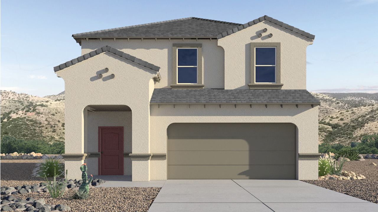 Elevation option B. Introducing The Grace at Coronet at Gladden Farms in Marana, Arizona – a spacious 1,965 sq. ft. two-story home that combines modern living with the charm of a vibrant community.  As you enter through the welcoming front porch, the entryway leads you into the open layout of the main floor. Here, the great room seamlessly connects to the dining area and kitchen, creating a perfect space for family gatherings and entertaining. The kitchen, equipped with quartz countertops, modern appliances, and a large pantry, is as functional as it is stylish, making meal preparation a pleasure.  The main floor also features a convenient powder room for guests, as well as direct access to the two-car garage, enhancing the home’s practicality. Just off the kitchen, the covered patio extends your living space outdoors, providing a great spot to enjoy Arizona’s beautiful weather.  Heading upstairs, you’ll find the family’s private quarters. The primary suite offers a peaceful retreat, complete with a generously sized bedroom, a large walk-in closet, and an en-suite bathroom with walk-in shower. The upper level also includes three additional bedrooms, a full bathroom, and a centrally located utility room for added convenience. A versatile loft area provides additional living space that can be customized to suit your family’s needs.  The Grace is designed with energy efficiency in mind. This DOE Zero Energy Ready Home offers a sustainable lifestyle with advanced features like tankless water heaters, energy-efficient LED lighting, and high-performance insulation, ensuring lower utility costs and a reduced environmental footprint.  Living at Coronet at Gladden Farms means enjoying a community that values both comfort and outdoor adventure. With access to 830 acres of green space, parks, playgrounds, and exclusive amenities like a sparkling pool, fitness center, and clubhouse, this community is perfect for families and active lifestyles.