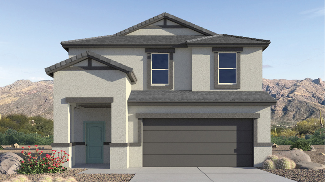 Elevation option C. Introducing The Grace at Coronet at Gladden Farms in Marana, Arizona – a spacious 1,965 sq. ft. two-story home that combines modern living with the charm of a vibrant community.  As you enter through the welcoming front porch, the entryway leads you into the open layout of the main floor. Here, the great room seamlessly connects to the dining area and kitchen, creating a perfect space for family gatherings and entertaining. The kitchen, equipped with quartz countertops, modern appliances, and a large pantry, is as functional as it is stylish, making meal preparation a pleasure.  The main floor also features a convenient powder room for guests, as well as direct access to the two-car garage, enhancing the home’s practicality. Just off the kitchen, the covered patio extends your living space outdoors, providing a great spot to enjoy Arizona’s beautiful weather.  Heading upstairs, you’ll find the family’s private quarters. The primary suite offers a peaceful retreat, complete with a generously sized bedroom, a large walk-in closet, and an en-suite bathroom with walk-in shower. The upper level also includes three additional bedrooms, a full bathroom, and a centrally located utility room for added convenience. A versatile loft area provides additional living space that can be customized to suit your family’s needs.  The Grace is designed with energy efficiency in mind. This DOE Zero Energy Ready Home offers a sustainable lifestyle with advanced features like tankless water heaters, energy-efficient LED lighting, and high-performance insulation, ensuring lower utility costs and a reduced environmental footprint.  Living at Coronet at Gladden Farms means enjoying a community that values both comfort and outdoor adventure. With access to 830 acres of green space, parks, playgrounds, and exclusive amenities like a sparkling pool, fitness center, and clubhouse, this community is perfect for families and active lifestyles.