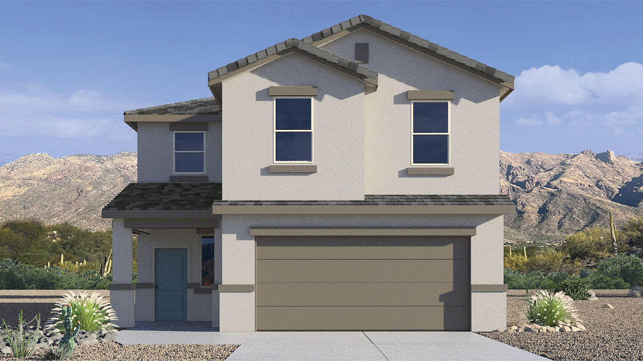 Welcome to The Kate at Coronet at Gladden Farms in Marana, Arizona – a spacious 2,227 sq. ft. two-story home designed to offer both luxury and practicality in a vibrant community setting.  As you step through the welcoming front porch, you’re greeted by an expansive entryway that leads into the heart of the home. The main floor features a generous great room that seamlessly flows into the dining area and kitchen, creating a perfect space for family gatherings and entertaining guests. The kitchen is a chef’s delight, boasting quartz countertops, a large island with a breakfast bar, modern appliances, and a walk-in pantry that provides ample storage.  The main floor also includes a convenient powder room for guests and direct access to the two-car garage, enhancing the home’s functionality. Just off the kitchen and dining room, a covered patio invites you to enjoy the beautiful Arizona weather, offering a serene spot for outdoor dining or relaxation.  Upstairs, the master suite offers a peaceful retreat, complete with a spacious bedroom, a large walk-in closet, and an en-suite bathroom featuring dual vanities and a walk-in shower. The upper level also includes three additional bedrooms, a full bathroom, and a centrally located utility room for added convenience. A versatile loft area provides additional living space, perfect for a playroom, home office, or secondary lounge.  The Kate in Coronet at Gladden Farms is designed with energy efficiency at its core. This DOE Zero Energy Ready Home features advanced energy-saving technologies such as tankless water heaters, energy-efficient LED lighting, and high-performance spray foam insulation, ensuring lower utility costs and a reduced environmental footprint.  Living at Coronet at Gladden Farms means more than just having a beautiful home. Residents enjoy access to 830 acres of green space, 28 parks, 19 playgrounds, and exclusive amenities like a sparkling community pool, fitness center, and clubhouse. The gated community also offers walking trails, a dog park, and close proximity to everyday conveniences, making it an ideal environment for families and active lifestyles.