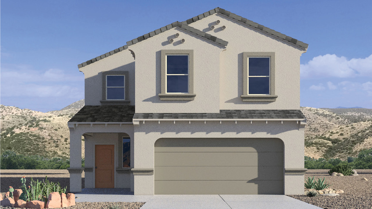 Welcome to The Kate at Coronet at Gladden Farms in Marana, Arizona – a spacious 2,227 sq. ft. two-story home designed to offer both luxury and practicality in a vibrant community setting.  As you step through the welcoming front porch, you’re greeted by an expansive entryway that leads into the heart of the home. The main floor features a generous great room that seamlessly flows into the dining area and kitchen, creating a perfect space for family gatherings and entertaining guests. The kitchen is a chef’s delight, boasting quartz countertops, a large island with a breakfast bar, modern appliances, and a walk-in pantry that provides ample storage.  The main floor also includes a convenient powder room for guests and direct access to the two-car garage, enhancing the home’s functionality. Just off the kitchen and dining room, a covered patio invites you to enjoy the beautiful Arizona weather, offering a serene spot for outdoor dining or relaxation.  Upstairs, the master suite offers a peaceful retreat, complete with a spacious bedroom, a large walk-in closet, and an en-suite bathroom featuring dual vanities and a walk-in shower. The upper level also includes three additional bedrooms, a full bathroom, and a centrally located utility room for added convenience. A versatile loft area provides additional living space, perfect for a playroom, home office, or secondary lounge.  The Kate in Coronet at Gladden Farms is designed with energy efficiency at its core. This DOE Zero Energy Ready Home features advanced energy-saving technologies such as tankless water heaters, energy-efficient LED lighting, and high-performance spray foam insulation, ensuring lower utility costs and a reduced environmental footprint.  Living at Coronet at Gladden Farms means more than just having a beautiful home. Residents enjoy access to 830 acres of green space, 28 parks, 19 playgrounds, and exclusive amenities like a sparkling community pool, fitness center, and clubhouse. The gated community also offers walking trails, a dog park, and close proximity to everyday conveniences, making it an ideal environment for families and active lifestyles.