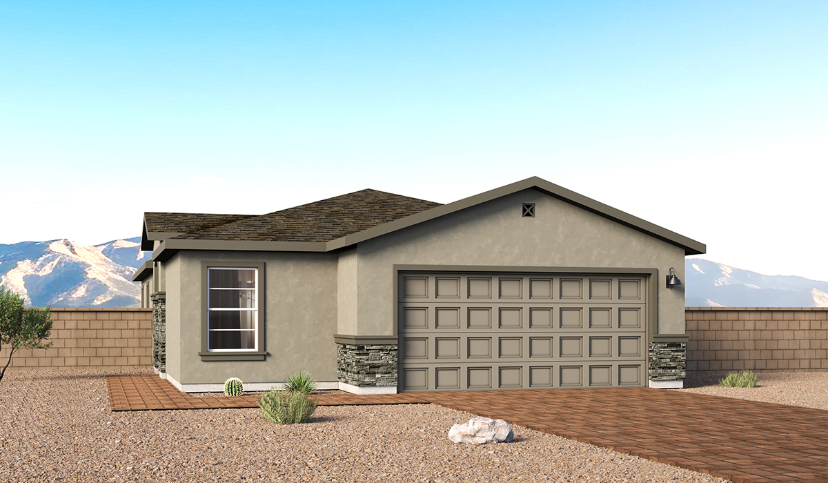 Welcome to The Aloe, a thoughtfully designed new floor plan within Coronet at Gladden Farms Community in Marana, Arizona. Offering 1,310 square feet of efficient and comfortable living space, The Aloe is ideal for those seeking a home that blends functionality, modern style, and everyday ease.  Upon entry, you’re welcomed into an open-concept layout that maximizes every square foot. The large great room serves as the heart of the home and flows seamlessly into the dining area and kitchen—perfect for both relaxing and entertaining. The kitchen is beautifully appointed with a central island, quartz countertops, Shaker-style cabinetry, and a dedicated pantry, creating a clean, modern aesthetic with ample storage and workspace.  The Aloe features three well-proportioned bedrooms designed for comfort and flexibility. The private primary suite is tucked away at the rear of the home and includes a walk-in closet and en-suite bathroom. Two additional bedrooms are located near the front of the home.  Designed with convenience in mind, the home includes a utility room near the kitchen, offering easy access to laundry and additional storage. A covered back patio extends the living space outdoors, providing the perfect setting to enjoy Gladden Farms beautiful weather and scenic surroundings.  Living at Coronet at Gladden Farms means enjoying a community that values both comfort and outdoor adventure. With access to 830 acres of green space, parks, playgrounds, and exclusive amenities like a sparkling pool, fitness center, and clubhouse, this community is perfect for families and active lifestyles.