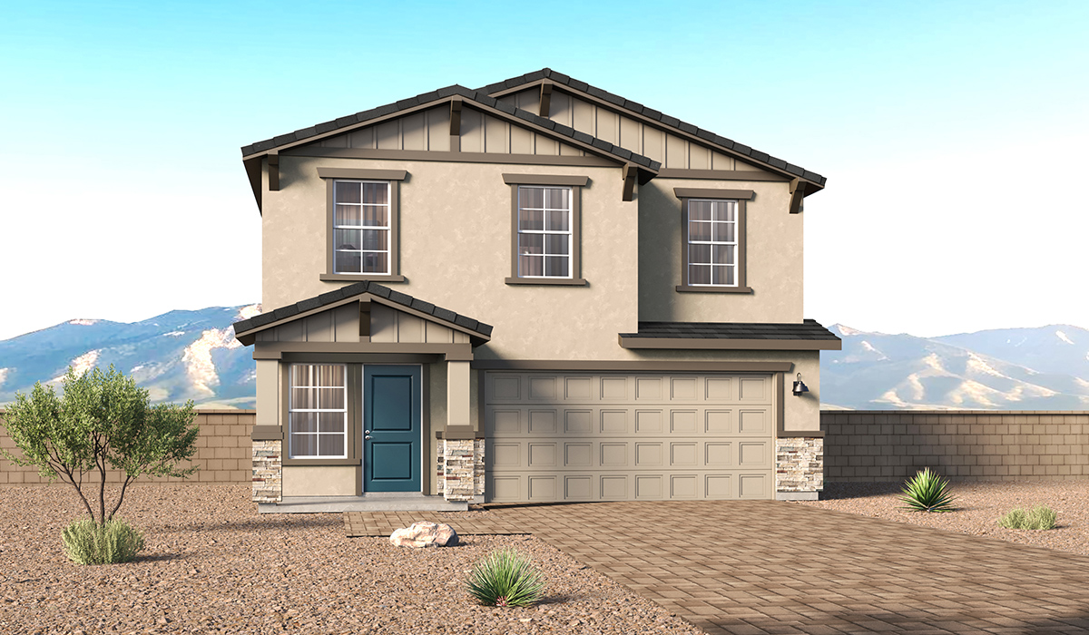 Introducing The Kleindale, a brand new stunning two-story home within the master-planned Coronet at Gladden Farms Community in Marana, Arizona.  This spacious and beautifully designed two-story home offers 2,406 sq. ft., five bedrooms, three full bathrooms, and versatile 2-3 tandem car garage. This impressive layout is ideal for large households, multigenerational living, or anyone who simply wants room to grow, gather, and live comfortably.  A welcoming front porch leads you into the entryway, which flows into the expansive open-concept great room, dining area, and kitchen. The kitchen features stainless steel gas range, microwave, and dishwasher, and plenty of storage space. With thoughtful design and abundant natural light, the main floor truly feels like the heart of the home.  One of the standout features of The Kleindale is the fifth bedroom located on the main floor with convenient access to a full bathroom, making it perfect for a guest suite or private home office.  A spacious and private second floor continues the living space with a generous loft leading to the primary bedroom, complete with an en-suite bathroom and large walk-in closet. Three additional bedrooms are also located on the second floor each offering plenty of space for family, guests, or work-from-home needs. The upstairs also includes a full bathroom and laundry room.  Our homes at Coronet are designed with the future in mind. Each home features a light lace stucco exterior, landscaped front yards with auto drip irrigation, and large backyards that are fully fenced and ready for your personal touch. Inside, the Home is Connected® Smart Home package brings modern convenience to your fingertips with a smart thermostat, video doorbell, keyless entry, and a Wi-Fi® enabled garage door opener.  With its expansive living spaces, flexible bedroom arrangements, and thoughtful deign throughout, The Kleindale offers the ultimate combination of comfort, convenience, and room to thrive.  Living at Coronet at Gladden Farms means enjoying a community that values both comfort and outdoor adventure. With access to 830 acres of green space, parks, playgrounds, and exclusive amenities like a sparkling pool, fitness center, and clubhouse, this community is perfect for families and active lifestyles.  *Images shown are for reference only. They depict The Kleindale spec home and may not represent the actual home.