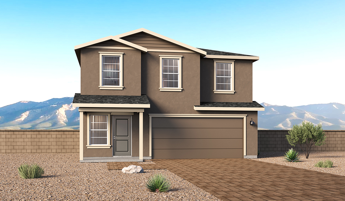 Introducing the Kleindale a brand new stunning two-story home within the master-planned Cornet at Gladden Farms Community in Marana, Arizona.  This spacious and beautifully designed two-story home offers 2,406 sq. ft., five bedrooms, three full bathrooms, and versatile 2-3 tandem car garage. This impressive layout is ideal for large households, multigenerational living, or anyone who simply wants room to grow, gather, and live comfortably.  A welcoming front porch leads you into the entryway, which flows into the expansive open-concept great room, dining area, and kitchen. The kitchen features a large center island, Shaker-style cabinetry, and plenty of storage space. With thoughtful design and abundant natural light, the main floor truly feels like the heart of the home.  One of the standout features of the Kleindale is the fifth bedroom located on the main floor, offering excellent flexibility. With convenient access to a full bathroom, it’s perfect as a guest-style suite, a comfortable space for extended family, or private home office.  A spacious and private second floor continues the living space with a generous loft leading to the primary bedroom, complete with an en-suite bathroom and large walk-in closet. Three additional bedrooms are also located on the second floor each offering plenty of space for family, guests, or work-from-home needs. The upstairs also includes a full bathroom and laundry room.  Our homes at Coronet are designed with the future in mind. Each home features a light lace stucco exterior, landscaped front yards with auto drip irrigation, and large backyards that are fully fenced and ready for your personal touch. Inside, the Home is Connected® Smart Home package brings modern convenience to your fingertips with a smart thermostat, video doorbell, keyless entry, and a Wi-Fi® enabled garage door opener.  With its expansive living spaces, flexible bedroom arrangements, and thoughtful deign throughout, the Kleindale offers the ultimate combination of comfort, convenience, and room to thrive.  Living at Coronet at Gladden Farms means enjoying a community that values both comfort and outdoor adventure. With access to 830 acres of green space, parks, playgrounds, and exclusive amenities like a sparkling pool, fitness center, and clubhouse, this community is perfect for families and active lifestyles.