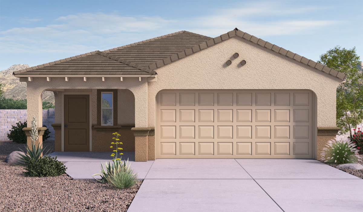 Elevation option B. Welcome to The Caroline, the newest floor plan within Coronet at Gladden Farms Community in Marana, Arizona. This single-story new home is 1,536 square feet and is thoughtfully planned out throughout the living spaces. The Caroline offers three bedrooms and two bathrooms, making it ideal for families who value both space and convenience.  As you enter through the inviting covered porch, you’re greeted by a bright and airy entryway that flows into the heart of the home. The expansive great room, dining area, and kitchen are thoughtfully connected, creating an ideal space for entertaining or enjoying time with family. The kitchen features a large island, quartz countertops, Shaker-style cabinetry, spacious pantry, and modern stainless-steel appliances ensure your kitchen is both functional and stylish.  The Caroline’s layout includes a generously sized primary bedroom, carefully positioned for privacy at the rear of the home. This room features a large walk-in closet and an en-suite bathroom. The additional two bedrooms are well-sized and located in separate areas of the home with easy access to the main full bathroom.  The covered patio, accessible from the great room, offers a perfect spot for outdoor living, where you can enjoy Arizona’s beautiful weather throughout the year. Whether you’re hosting a barbecue or simply relaxing, this outdoor space enhances the home’s appeal.  The Caroline is designed with energy efficiency in mind. This DOE Zero Energy Ready Home offers a sustainable lifestyle with advanced features like tankless water heaters, energy-efficient LED lighting, and high-performance insulation, ensuring lower utility costs and a reduced environmental footprint.  Living at Coronet at Gladden Farms means enjoying a community that values both comfort and outdoor adventure. With access to 830 acres of green space, parks, playgrounds, and exclusive amenities like a sparkling pool, fitness center, and clubhouse, this community is perfect for families and active lifestyles.