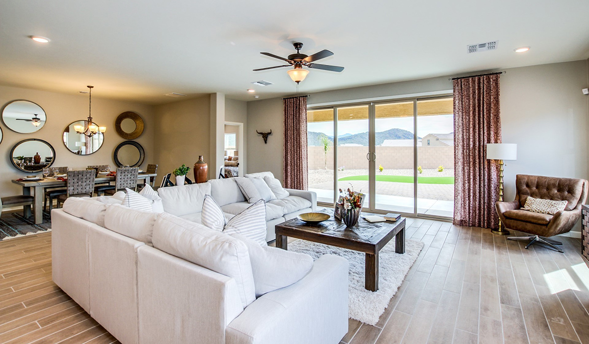 Welcome to The Citrine, a spacious single-story new home located in the Sycamore Vista. With 2,577 square feet of well-planned living space, this home offers four bedrooms, three bathrooms, and a dedicated study, making it ideal for families who value both space and convenience.  As you enter through the inviting covered porch, you’re greeted by a bright and airy entryway that flows into the heart of the home. The expansive great room, dining area, and kitchen are thoughtfully connected, creating an ideal space for entertaining or enjoying time with family. The kitchen features a large island, quartz countertops, and Shaker-style cabinetry. A spacious pantry and modern stainless-steel appliances ensure your kitchen is both functional and stylish.  The Citrine’s layout includes a generously sized primary bedroom, carefully positioned for privacy at the rear of the home. This room features a large walk-in closet and an en-suite bathroom with luxurious super shower. The additional three bedrooms are well-sized and located in separate areas of the home, ensuring privacy and easy access to two more full bathrooms.  One of the highlights of The Citrine is its versatile study, which can be used as a home office, media room, or extra bedroom for guests. The large laundry room, conveniently situated near the bedrooms, adds to the home’s practicality.  The covered patio, accessible from the great room, offers a perfect spot for outdoor living, where you can enjoy Arizona’s beautiful weather throughout the year. Whether you’re hosting a barbecue or simply relaxing, this outdoor space enhances the home’s appeal.  Designed with energy efficiency and modern living in mind, The Citrine includes smart home technology ensuring comfort and sustainability. Large windows throughout the home allow natural light to brighten every corner.  The Citrine combines style, comfort, and practicality, making it a perfect place to call home in one of Vails’s most sought-after communities.  *Images shown are for reference only. They depict The Citrine sales model home and may not represent the actual home.