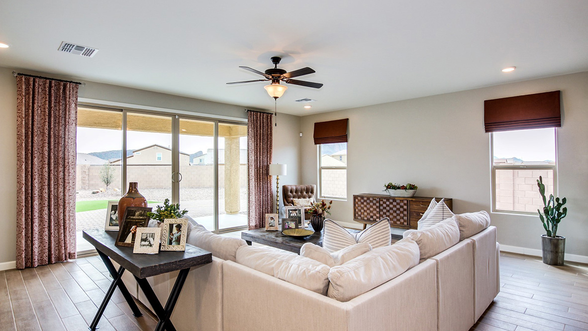 Welcome to The Citrine, a spacious single-story new home located in the Sycamore Vista. With 2,577 square feet of well-planned living space, this home offers four bedrooms, three bathrooms, and a dedicated study, making it ideal for families who value both space and convenience.  As you enter through the inviting covered porch, you’re greeted by a bright and airy entryway that flows into the heart of the home. The expansive great room, dining area, and kitchen are thoughtfully connected, creating an ideal space for entertaining or enjoying time with family. The kitchen features a large island, quartz countertops, and Shaker-style cabinetry. A spacious pantry and modern stainless-steel appliances ensure your kitchen is both functional and stylish.  The Citrine’s layout includes a generously sized primary bedroom, carefully positioned for privacy at the rear of the home. This room features a large walk-in closet and an en-suite bathroom with luxurious super shower. The additional three bedrooms are well-sized and located in separate areas of the home, ensuring privacy and easy access to two more full bathrooms.  One of the highlights of The Citrine is its versatile study, which can be used as a home office, media room, or extra bedroom for guests. The large laundry room, conveniently situated near the bedrooms, adds to the home’s practicality.  The covered patio, accessible from the great room, offers a perfect spot for outdoor living, where you can enjoy Arizona’s beautiful weather throughout the year. Whether you’re hosting a barbecue or simply relaxing, this outdoor space enhances the home’s appeal.  Designed with energy efficiency and modern living in mind, The Citrine includes smart home technology ensuring comfort and sustainability. Large windows throughout the home allow natural light to brighten every corner.  The Citrine combines style, comfort, and practicality, making it a perfect place to call home in one of Vails’s most sought-after communities.