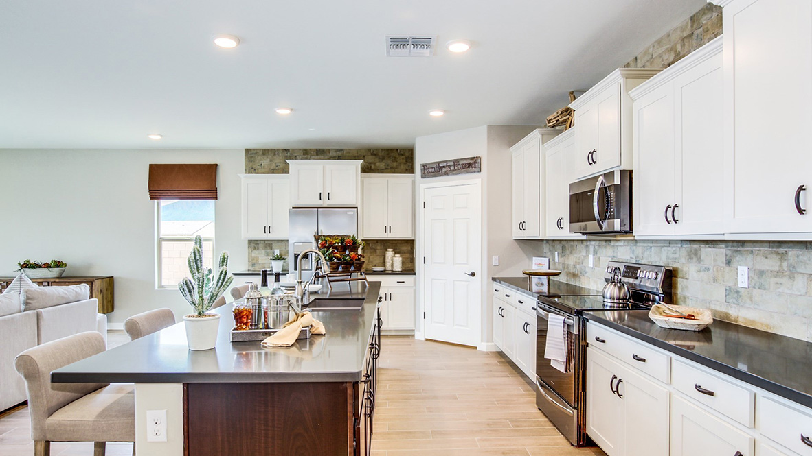 Welcome to The Citrine, a spacious single-story new home located in the Sycamore Vista. With 2,577 square feet of well-planned living space, this home offers four bedrooms, three bathrooms, and a dedicated study, making it ideal for families who value both space and convenience.  As you enter through the inviting covered porch, you’re greeted by a bright and airy entryway that flows into the heart of the home. The expansive great room, dining area, and kitchen are thoughtfully connected, creating an ideal space for entertaining or enjoying time with family. The kitchen features a large island, quartz countertops, and Shaker-style cabinetry. A spacious pantry and modern stainless-steel appliances ensure your kitchen is both functional and stylish.  The Citrine’s layout includes a generously sized primary bedroom, carefully positioned for privacy at the rear of the home. This room features a large walk-in closet and an en-suite bathroom with luxurious super shower. The additional three bedrooms are well-sized and located in separate areas of the home, ensuring privacy and easy access to two more full bathrooms.  One of the highlights of The Citrine is its versatile study, which can be used as a home office, media room, or extra bedroom for guests. The large laundry room, conveniently situated near the bedrooms, adds to the home’s practicality.  The covered patio, accessible from the great room, offers a perfect spot for outdoor living, where you can enjoy Arizona’s beautiful weather throughout the year. Whether you’re hosting a barbecue or simply relaxing, this outdoor space enhances the home’s appeal.  Designed with energy efficiency and modern living in mind, The Citrine includes smart home technology ensuring comfort and sustainability. Large windows throughout the home allow natural light to brighten every corner.  The Citrine combines style, comfort, and practicality, making it a perfect place to call home in one of Vails’s most sought-after communities.