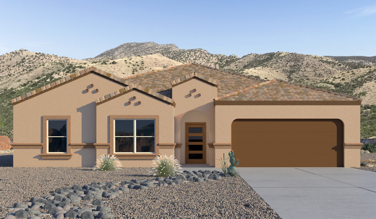 Elevation option B. Welcome to The Citrine, a spacious single-story new home located in the Sycamore Vista. With 2,577 square feet of well-planned living space, this home offers four bedrooms, three bathrooms, and a dedicated study, making it ideal for families who value both space and convenience.  As you enter through the inviting covered porch, you’re greeted by a bright and airy entryway that flows into the heart of the home. The expansive great room, dining area, and kitchen are thoughtfully connected, creating an ideal space for entertaining or enjoying time with family. The kitchen features a large island, quartz countertops, and Shaker-style cabinetry. A spacious pantry and modern stainless-steel appliances ensure your kitchen is both functional and stylish.  The Citrine’s layout includes a generously sized primary bedroom, carefully positioned for privacy at the rear of the home. This room features a large walk-in closet and an en-suite bathroom with luxurious super shower. The additional three bedrooms are well-sized and located in separate areas of the home, ensuring privacy and easy access to two more full bathrooms.  One of the highlights of The Citrine is its versatile study, which can be used as a home office, media room, or extra bedroom for guests. The large laundry room, conveniently situated near the bedrooms, adds to the home’s practicality.  The covered patio, accessible from the great room, offers a perfect spot for outdoor living, where you can enjoy Arizona’s beautiful weather throughout the year. Whether you’re hosting a barbecue or simply relaxing, this outdoor space enhances the home’s appeal.  Designed with energy efficiency and modern living in mind, The Citrine includes smart home technology ensuring comfort and sustainability. Large windows throughout the home allow natural light to brighten every corner.  The Citrine combines style, comfort, and practicality, making it a perfect place to call home in one of Vails’s most sought-after communities.