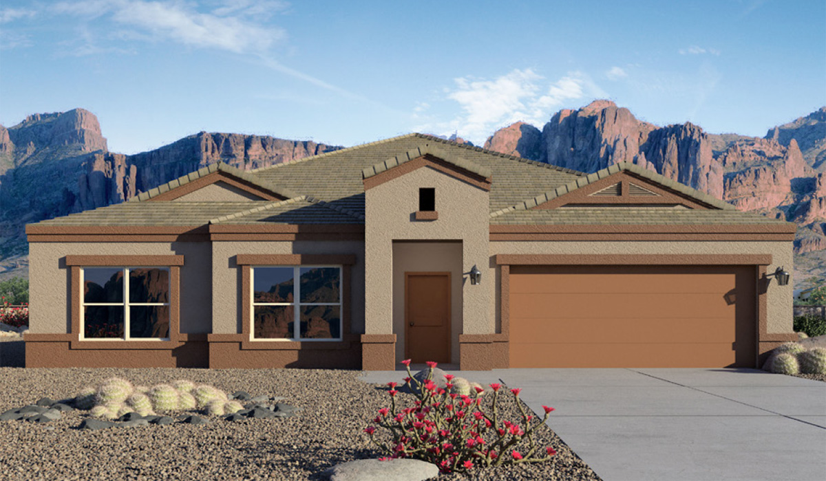 Elevation Option C. Welcome to The Citrine, a spacious single-story new home located in the Sycamore Vista. With 2,577 square feet of well-planned living space, this home offers four bedrooms, three bathrooms, and a dedicated study, making it ideal for families who value both space and convenience.  As you enter through the inviting covered porch, you’re greeted by a bright and airy entryway that flows into the heart of the home. The expansive great room, dining area, and kitchen are thoughtfully connected, creating an ideal space for entertaining or enjoying time with family. The kitchen features a large island, quartz countertops, and Shaker-style cabinetry. A spacious pantry and modern stainless-steel appliances ensure your kitchen is both functional and stylish.  The Citrine’s layout includes a generously sized primary bedroom, carefully positioned for privacy at the rear of the home. This room features a large walk-in closet and an en-suite bathroom with luxurious super shower. The additional three bedrooms are well-sized and located in separate areas of the home, ensuring privacy and easy access to two more full bathrooms.  One of the highlights of The Citrine is its versatile study, which can be used as a home office, media room, or extra bedroom for guests. The large laundry room, conveniently situated near the bedrooms, adds to the home’s practicality.  The covered patio, accessible from the great room, offers a perfect spot for outdoor living, where you can enjoy Arizona’s beautiful weather throughout the year. Whether you’re hosting a barbecue or simply relaxing, this outdoor space enhances the home’s appeal.  Designed with energy efficiency and modern living in mind, The Citrine includes smart home technology ensuring comfort and sustainability. Large windows throughout the home allow natural light to brighten every corner.  The Citrine combines style, comfort, and practicality, making it a perfect place to call home in one of Vails’s most sought-after communities.