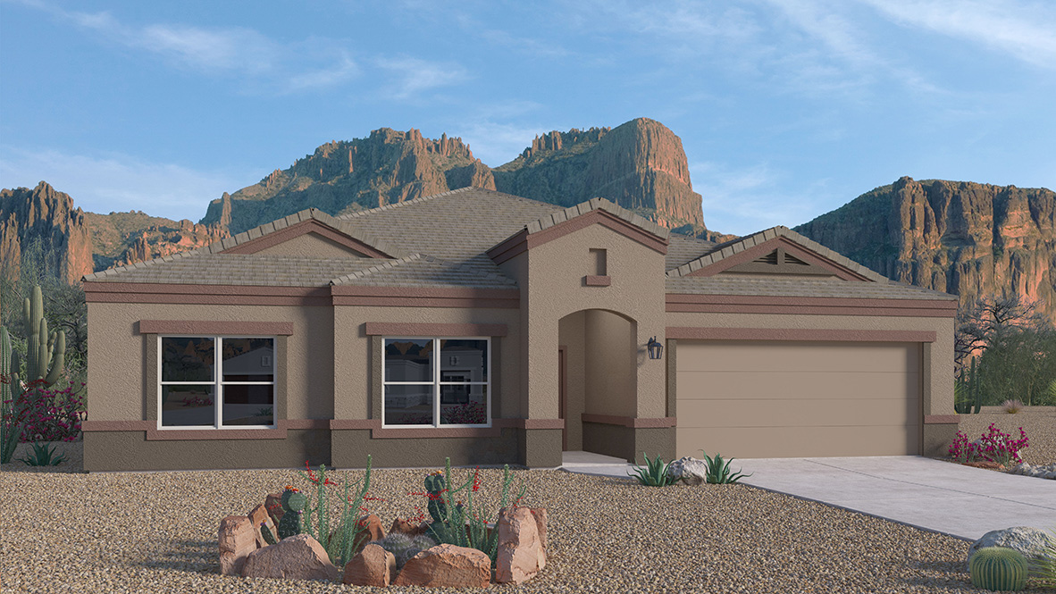 Elevation option C of the Citrine, a spacious single-story new home located in the tranquil Cholla Ridge neighborhood of Saguaro Bloom. With 2,577 square feet of well-planned living space, this home offers four bedrooms, three bathrooms, and a dedicated study, making it ideal for families who value both space and convenience.  As you enter through the inviting covered porch, you’re greeted by a bright and airy entryway that flows into the heart of the home. The expansive great room, dining area, and kitchen are thoughtfully connected, creating an ideal space for entertaining or simply enjoying time with family. The kitchen is a chef's dream, featuring a large island, granite countertops, and Shaker-style cabinetry in double espresso. A spacious pantry and modern stainless steel gas appliances ensure that this kitchen is both functional and stylish.  The Citrine’s layout includes a generously sized primary bedroom, carefully positioned for privacy at the rear of the home. This room features a large walk-in closet and an en-suite bathroom with dual executive-height vanities and a luxurious super shower. The additional three bedrooms are well-sized and located in separate areas of the home, ensuring privacy and easy access to two more full bathrooms.  One of the highlights of The Citrine is its versatile study, which can be used as a home office, library, media room, or extra bedroom depending on your needs. The large laundry room, conveniently situated near the bedrooms, adds to the home’s practicality.  The covered patio, accessible from the great room, offers a perfect spot for outdoor living, where you can enjoy Arizona’s beautiful weather throughout the year. Whether you’re hosting a barbecue or simply relaxing, this outdoor space enhances the home’s appeal.  Designed with energy efficiency and modern living in mind, The Citrine includes eco-friendly features and smart home technology, ensuring comfort and sustainability. Large windows throughout the home allow natural light to brighten every corner, creating a warm and welcoming atmosphere.  Located within the exclusive Cholla Ridge neighborhood at Saguaro Bloom, residents of The Citrine enjoy a range of premium features, including beautiful 12x24” tile flooring, gourmet kitchens, and 10’ ceilings in select homes. The community offers access to two pools, walking trails, parks, and more, all set against the picturesque backdrop of the Tucson Mountains.  The Citrine combines style, comfort, and practicality, making it a perfect place to call home in one of Marana’s most sought-after communities.