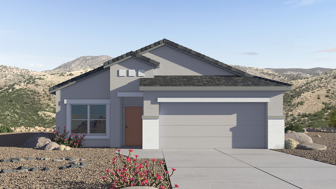 Elevation option C of the Parker is a spacious single-story new home situated in the Mesquite neighborhood at Saguaro Bloom, offering 1,909 square feet of well-planned living space that perfectly suits a variety of lifestyles. This home features five bedrooms and three full bathrooms, making it an ideal choice for those needing room to grow.  As you step through the front door, you're greeted by a welcoming foyer that leads you into the heart of the home. The open layout emphasizes a seamless flow between the living, dining, and kitchen areas, ensuring that every part of the home feels connected. The kitchen, equipped with a central island, granite countertops, and your choice of white or gray Shaker-style cabinets, is designed for both functionality and style. A walk-in pantry provides additional storage, making it easy to keep everything organized.  The Parker's five bedrooms are thoughtfully arranged to provide both privacy and convenience. The primary suite is tucked away at the rear of the home, offering a private retreat with a walk-in closet and an en-suite bathroom complete with dual vanities. The additional bedrooms are strategically placed near the front and center of the home, each with access to a full bathroom, ensuring comfort for all family members or guests.  The large great room serves as the central gathering space, perfect for family activities or entertaining guests. Adjacent to the great room is a covered patio, extending your living space outdoors and offering a perfect spot to enjoy the serene surroundings of Saguaro Bloom.  Practical features like a dedicated utility room and a spacious two-car garage enhance the functionality of this home, while large windows ensure that natural light fills the space, creating a bright and inviting atmosphere.  Located within the vibrant Saguaro Bloom community, residents of The Parker can take advantage of a wide array of amenities, from resort-style pools to extensive walking trails. This home offers a unique opportunity to enjoy both comfort and community in one of Marana’s most sought-after neighborhoods.