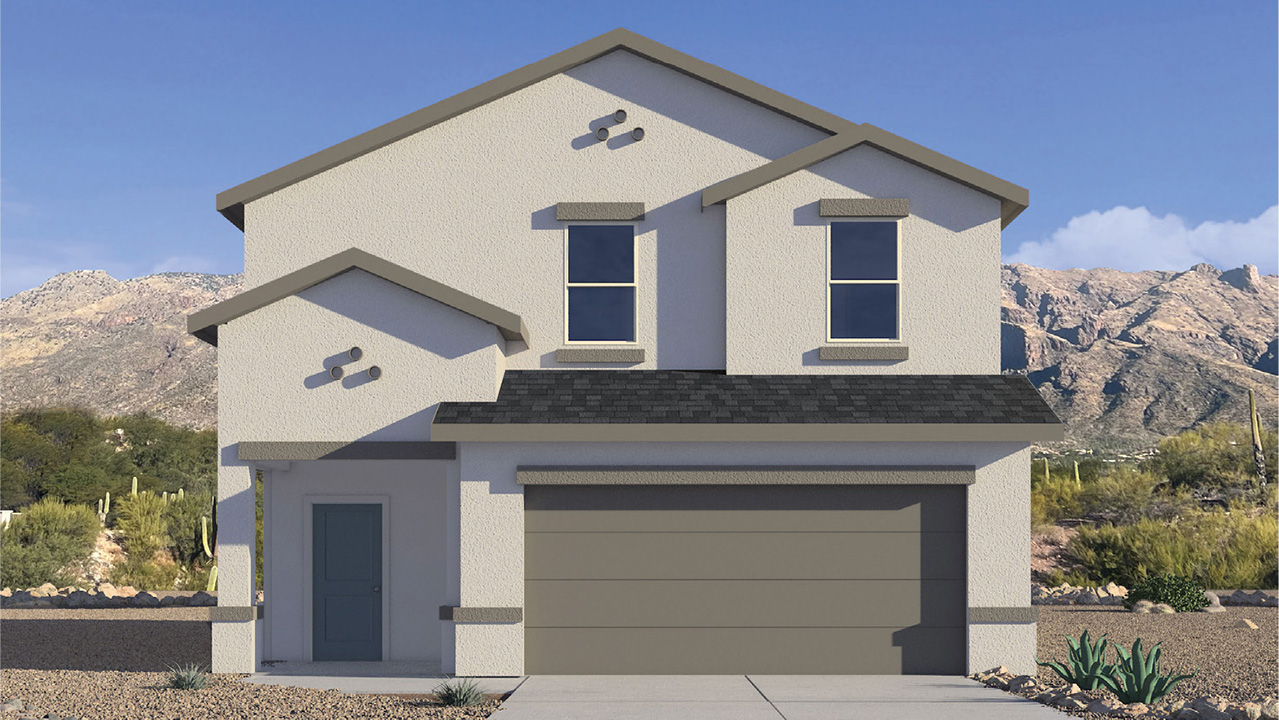 Elevation A of the Grace is two-story new home nestled in the Mesquite neighborhood at Saguaro Bloom, one of Marana’s most desirable communities. Offering 1,963 square feet of living space, The Grace is perfect for those who value both comfort and modern design.  As you enter through the front porch, a welcoming foyer leads you into the open-concept main floor, where the great room, dining area, and kitchen are seamlessly connected. The kitchen is a chef’s delight, featuring a central island, granite countertops, and elegant Shaker-style cabinetry available in either white or gray. The layout is designed to maximize both function and style, ensuring that whether you're preparing a meal or hosting guests, the space works for you.  Upstairs, The Grace features four spacious bedrooms, each offering privacy and ample room for relaxation. The primary suite is a highlight, offering a private retreat with a walk-in closet and an en-suite bathroom equipped with dual vanities and a spacious shower. The additional bedrooms share a luxurious bathroom, and the convenient upstairs utility room makes laundry day a breeze.  The Grace also includes a covered patio, extending your living space outdoors, perfect for enjoying the beautiful Arizona evenings. The practical design continues with a dedicated powder room on the main level, making it convenient for guests.  This home is designed with today’s homeowner in mind, incorporating smart home technology and energy-efficient features that ensure a modern lifestyle while keeping energy costs down. Large windows allow natural light to fill the space, creating a bright and airy atmosphere throughout.  Located in the vibrant Saguaro Bloom community, The Grace offers residents access to a wealth of amenities, including community pools, walking trails, and more, all set against the stunning backdrop of the Tucson Mountains. The Grace is not just a home; it's an opportunity to live in comfort and style while enjoying everything this exceptional community has to offer.