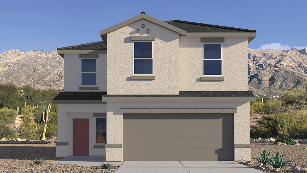 Introducing The Kate, a spacious two-story new home located in the Mesquite neighborhood at Saguaro Bloom, one of Marana's premier communities. This residence, offering 2,264 square feet of living space, is designed to accommodate a variety of lifestyles, with four bedrooms and two and a half bathrooms.  As you enter through the welcoming front porch, you’re immediately drawn into an expansive and open living area. The great room, which flows effortlessly into the dining area and kitchen, serves as the heart of the home, making it perfect for gatherings and everyday living. The kitchen is both functional and stylish, featuring a central island, quartz countertops, and Shaker-style cabinetry. A pantry provides additional storage, keeping your kitchen organized.  Upstairs, The Kate continues to impress with a layout that emphasizes comfort and convenience. The primary bedroom is a peaceful getaway, complete with a walk-in closet and ensuite bathroom. The additional three bedrooms are generously sized and share access to a full bathroom. A dedicated loft provides a flexible space that can be used as a play area, media room, or home office.  The home also includes a powder room on the main level, perfect for guests, and a large utility room upstairs, adding practicality to the daily routine. The covered patio extends your living space outdoors, ideal for enjoying the beautiful Arizona weather.  Built with modern living in mind, The Kate has energy-efficient features, ensuring comfort and sustainability for years to come. Large windows throughout the home allow natural light to brighten every corner, creating a warm and inviting atmosphere.  Situated within the vibrant Saguaro Bloom community, residents have access to many amenities, including swimming pools, walking trails, and parks.   *Images shown are for reference only. They depict the sales model home and may not represent the actual home.