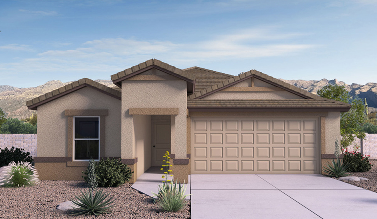 Discover The Easton at Saguaro Bloom in Marana, Arizona – a spacious 1,697 sq. ft. single-story new home designed to offer both style and functionality for today’s modern family.  As you enter through the front porch, you’re welcomed into a thoughtful layout that makes every square foot count. Near the front entrance is the first bedroom intentionally situated. This room can be utilized as a guest room, home office, or a cozy retreat.  Continuing down the hall you're welcomed into the great room, which flows seamlessly into the dining area and kitchen. This open-concept design ensures that the heart of the home is always connected. The kitchen is a culinary dream, featuring quartz countertops, a spacious island with a breakfast bar, and a walk-in pantry.  The great room opens up to a covered patio, an ideal space to unwind and enjoy beautiful desert sunsets. Whether you’re hosting a weekend barbecue or enjoying a quiet evening outdoors, this patio extends your living space into the scenic surroundings of Saguaro Bloom.  Just off the great room, a private hallway leads to the primary suite. The primary suite is generously sized and features a large walk-in closet, en-suite bathroom with walk-in shower, offering both privacy and convenience.  The Easton also features two additional bedrooms, well-positioned to share a full bathroom. These rooms are ideal for family members.  The Easton is designed with energy efficiency in mind and is DOE Zero Energy Ready Home Certified. This home includes a Connected® Smart Home package, featuring a smart thermostat, video doorbell, keyless entry, and Wi-Fi-enabled garage door opener. Energy efficiency is a cornerstone of the design, with features like spray foam insulation, and tankless water heater, offering long-term savings and sustainability.  Saguaro Bloom isn’t just a place to live, it’s a vibrant community with a wealth of amenities, from scenic walking trails to pools and playgrounds, ensuring that there’s always something for everyone.