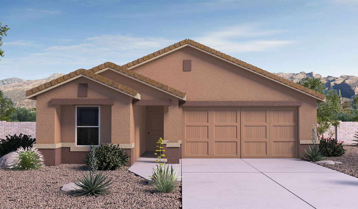 Elevation option A. Discover The Easton at Saguaro Bloom in Marana, Arizona – a spacious 1,697 sq. ft. single-story new home designed to offer both style and functionality for today’s modern family.  As you enter through the front porch, you’re welcomed into a thoughtful layout that makes every square foot count. Near the front entrance is the first bedroom intentionally situated. This room can be utilized as a guest room, home office, or a cozy retreat.  Continuing down the hall you're welcomed into the great room, which flows seamlessly into the dining area and kitchen. This open-concept design ensures that the heart of the home is always connected. The kitchen is a culinary dream, featuring quartz countertops, a spacious island with a breakfast bar, and a walk-in pantry.  The great room opens up to a covered patio, an ideal space to unwind and enjoy beautiful desert sunsets. Whether you’re hosting a weekend barbecue or enjoying a quiet evening outdoors, this patio extends your living space into the scenic surroundings of Saguaro Bloom.  Just off the great room, a private hallway leads to the primary suite. The primary suite is generously sized and features a large walk-in closet, en-suite bathroom with walk-in shower, offering both privacy and convenience.  The Easton also features two additional bedrooms, well-positioned to share a full bathroom. These rooms are ideal for family members.  The Easton is designed with energy efficiency in mind and is DOE Zero Energy Ready Home Certified. This home includes a Connected® Smart Home package, featuring a smart thermostat, video doorbell, keyless entry, and Wi-Fi-enabled garage door opener. Energy efficiency is a cornerstone of the design, with features like spray foam insulation, and tankless water heater, offering long-term savings and sustainability.  Saguaro Bloom isn’t just a place to live, it’s a vibrant community with a wealth of amenities, from scenic walking trails to pools and playgrounds, ensuring that there’s always something for everyone.