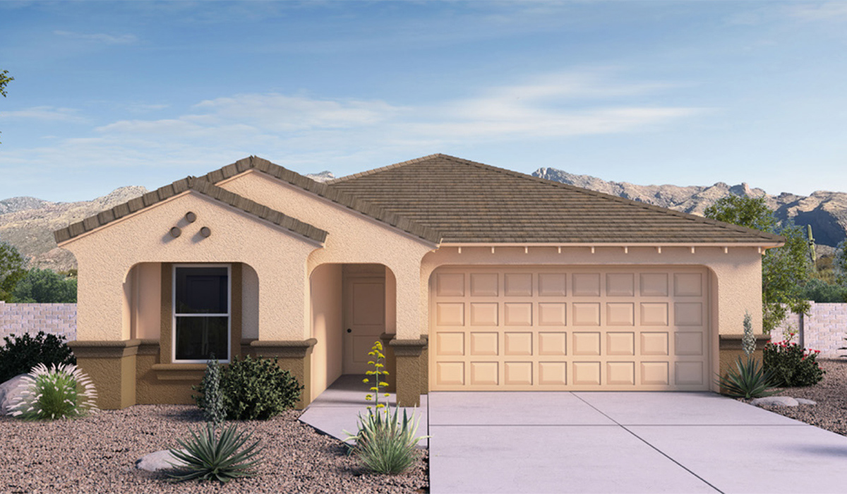 Elevation option B. Discover The Easton at Saguaro Bloom in Marana, Arizona – a spacious 1,697 sq. ft. single-story new home designed to offer both style and functionality for today’s modern family.  As you enter through the front porch, you’re welcomed into a thoughtful layout that makes every square foot count. Near the front entrance is the first bedroom intentionally situated. This room can be utilized as a guest room, home office, or a cozy retreat.  Continuing down the hall you're welcomed into the great room, which flows seamlessly into the dining area and kitchen. This open-concept design ensures that the heart of the home is always connected. The kitchen is a culinary dream, featuring quartz countertops, a spacious island with a breakfast bar, and a walk-in pantry.  The great room opens up to a covered patio, an ideal space to unwind and enjoy beautiful desert sunsets. Whether you’re hosting a weekend barbecue or enjoying a quiet evening outdoors, this patio extends your living space into the scenic surroundings of Saguaro Bloom.  Just off the great room, a private hallway leads to the primary suite. The primary suite is generously sized and features a large walk-in closet, en-suite bathroom with walk-in shower, offering both privacy and convenience.  The Easton also features two additional bedrooms, well-positioned to share a full bathroom. These rooms are ideal for family members.  The Easton is designed with energy efficiency in mind and is DOE Zero Energy Ready Home Certified. This home includes a Connected® Smart Home package, featuring a smart thermostat, video doorbell, keyless entry, and Wi-Fi-enabled garage door opener. Energy efficiency is a cornerstone of the design, with features like spray foam insulation, and tankless water heater, offering long-term savings and sustainability.  Saguaro Bloom isn�t just a place to live, it’s a vibrant community with a wealth of amenities, from scenic walking trails to pools and playgrounds, ensuring that there’s always something for everyone.