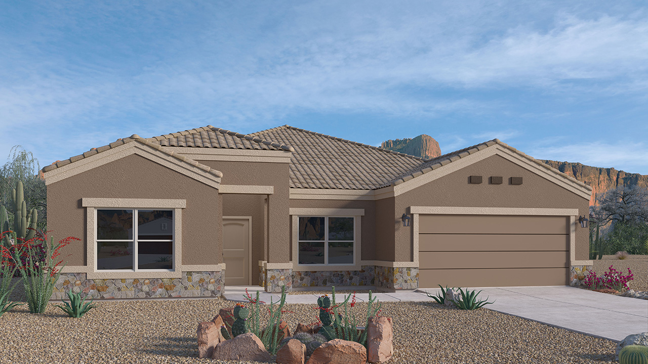 Elevation option C of the Pearl, a beautifully designed single-story new home located in the serene Cholla Ridge neighborhood of Saguaro Bloom. Spanning 2,431 square feet, this home offers four spacious bedrooms and three full bathrooms, making it an ideal choice for families who value both space and comfort.  As you enter through the front porch, you’re welcomed into a bright and open entryway that leads to the heart of the home. The expansive great room, dining area, and kitchen are seamlessly connected, providing a perfect setting for both everyday living and entertaining. The kitchen is a chef’s delight, featuring a large island, granite countertops, and Shaker-style cabinetry in double espresso. With a generously sized pantry and modern stainless steel gas appliances, this kitchen is both functional and stylish.  The Pearl’s layout includes a well-placed primary bedroom at the rear of the home, ensuring privacy and tranquility. The primary suite features a spacious walk-in closet and an en-suite bathroom with dual executive-height vanities and a large walk-in shower. The additional three bedrooms are located towards the front and sides of the home, each offering ample closet space and access to two full bathrooms, making this layout perfect for families and guests alike.  The outdoor living space is just as inviting, with a covered patio that extends from the great room, providing an ideal spot for enjoying Arizona’s beautiful weather. Whether you’re hosting a gathering or simply relaxing with a good book, this space is designed for your enjoyment.  The Pearl also features a dedicated utility room near the kitchen, making household tasks more convenient. A two-car garage offers plenty of space for vehicles and additional storage.  Built with energy efficiency and modern living in mind, The Pearl incorporates eco-friendly features and smart home technology, ensuring a comfortable and sustainable lifestyle. Large windows throughout the home allow natural light to flood the space, creating a warm and inviting atmosphere.  Located within the exclusive Cholla Ridge neighborhood at Saguaro Bloom, residents of The Pearl enjoy a range of amenities, including beautiful 12x24” tile flooring, and gourmet kitchens in select homes, all on lots with no rear neighbors. The community offers access to two pools, walking trails, and parks, all set against the stunning backdrop of the Tucson Mountains.  The Pearl combines style, comfort, and practicality, making it a perfect place to call home in one of Marana’s most sought-after communities.
