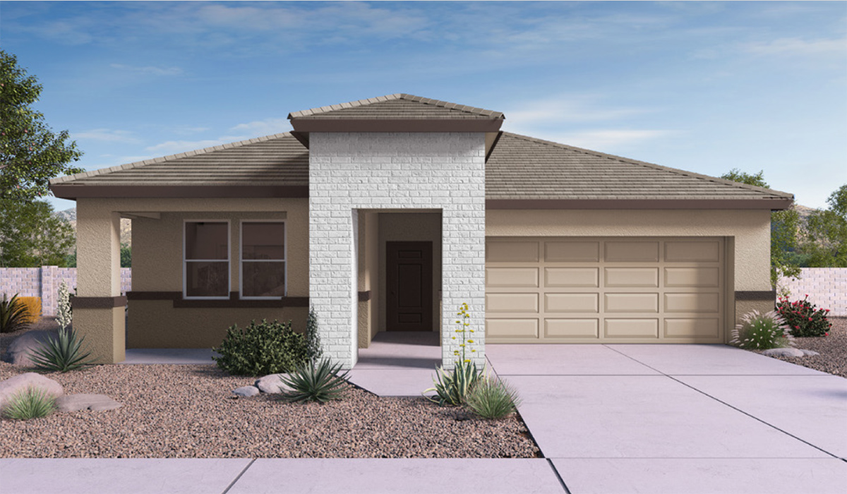 The Dalea is a standout single-story new home floorplan available in the Saguaro Bloom community in Marana, Arizona. Offering 2,224 square feet of living space, this home is designed to accommodate modern living with comfort and style. The Dalea provides a spacious layout with plenty of options such as four to five bedrooms and three full bathrooms, making it an ideal choice for families of all sizes.  As you step into the charming front porch, you are greeted by a spacious and open floor plan that seamlessly connects the main living areas. The great room serves as the central hub of the home, flowing into a dining area and modern kitchen area. The kitchen features a large central island, quartz countertops, Shaker-style cabinetry, walk-in pantry, and ample storage for all your culinary needs.  The primary suite, located at the rear of the home, provides a private retreat with a spacious bedroom, a large walk-in closet, and an en-suite bathroom and a walk-in shower. The Dalea floor plan also includes a utility room and two-car garage with the option of three-car tandem garage.  Living at Saguaro Bloom means more than just having a beautiful home. The community offers a peaceful lifestyle with incredible desert landscapes, mountain views, and easy access to I-10 for convenient commutes to Tucson and surrounding areas. Designed with energy efficiency in mind, The Dalea at Saguaro Bloom meets Zero Energy Ready Home standards, ensuring sustainability and long-term savings.  Step outside to the covered patio, perfect for enjoying the Arizona climate. Whether you're hosting a summer barbecue or simply unwinding in the evening, this outdoor space is a valuable addition to the home.  Residents of Saguaro Bloom enjoy an array of community amenities, including a clubhouse, two pools with lap lanes and lagoon entry, a fitness center, a splash pad, and over 30 miles of walking trails. This vibrant neighborhood is the perfect setting for those looking to enjoy the best of Arizona living.