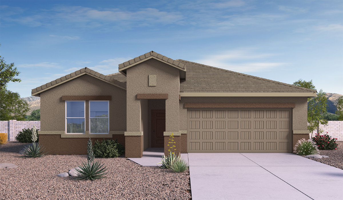 Elevation option A. The Dalea is a standout single-story new home floorplan available in the Saguaro Bloom community in Marana, Arizona. Offering 2,224 square feet of living space, this home is designed to accommodate modern living with comfort and style. The Dalea provides a spacious layout with plenty of options such as four to five bedrooms and three full bathrooms, making it an ideal choice for families of all sizes.  As you step into the charming front porch, you are greeted by a spacious and open floor plan that seamlessly connects the main living areas. The great room serves as the central hub of the home, flowing into a dining area and modern kitchen area. The kitchen features a large central island, quartz countertops, Shaker-style cabinetry, walk-in pantry, and ample storage for all your culinary needs.  The primary suite, located at the rear of the home, provides a private retreat with a spacious bedroom, a large walk-in closet, and an en-suite bathroom and a walk-in shower. The Dalea floor plan also includes a utility room and two-car garage with the option of three-car tandem garage.  Living at Saguaro Bloom means more than just having a beautiful home. The community offers a peaceful lifestyle with incredible desert landscapes, mountain views, and easy access to I-10 for convenient commutes to Tucson and surrounding areas. Designed with energy efficiency in mind, The Dalea at Saguaro Bloom meets Zero Energy Ready Home standards, ensuring sustainability and long-term savings.  Step outside to the covered patio, perfect for enjoying the Arizona climate. Whether you're hosting a summer barbecue or simply unwinding in the evening, this outdoor space is a valuable addition to the home.  Residents of Saguaro Bloom enjoy an array of community amenities, including a clubhouse, two pools with lap lanes and lagoon entry, a fitness center, a splash pad, and over 30 miles of walking trails. This vibrant neighborhood is the perfect setting for those looking to enjoy the best of Arizona living.