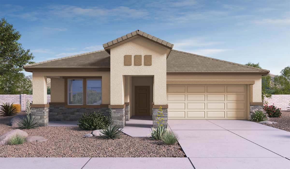 Elevation option B. The Dalea is a standout single-story new home floorplan available in the Saguaro Bloom community in Marana, Arizona. Offering 2,224 square feet of living space, this home is designed to accommodate modern living with comfort and style. The Dalea provides a spacious layout with plenty of options such as four to five bedrooms and three full bathrooms, making it an ideal choice for families of all sizes.  As you step into the charming front porch, you are greeted by a spacious and open floor plan that seamlessly connects the main living areas. The great room serves as the central hub of the home, flowing into a dining area and modern kitchen area. The kitchen features a large central island, quartz countertops, Shaker-style cabinetry, walk-in pantry, and ample storage for all your culinary needs.  The primary suite, located at the rear of the home, provides a private retreat with a spacious bedroom, a large walk-in closet, and an en-suite bathroom and a walk-in shower. The Dalea floor plan also includes a utility room and two-car garage with the option of three-car tandem garage.  Living at Saguaro Bloom means more than just having a beautiful home. The community offers a peaceful lifestyle with incredible desert landscapes, mountain views, and easy access to I-10 for convenient commutes to Tucson and surrounding areas. Designed with energy efficiency in mind, The Dalea at Saguaro Bloom meets Zero Energy Ready Home standards, ensuring sustainability and long-term savings.  Step outside to the covered patio, perfect for enjoying the Arizona climate. Whether you're hosting a summer barbecue or simply unwinding in the evening, this outdoor space is a valuable addition to the home.  Residents of Saguaro Bloom enjoy an array of community amenities, including a clubhouse, two pools with lap lanes and lagoon entry, a fitness center, a splash pad, and over 30 miles of walking trails. This vibrant neighborhood is the perfect setting for those looking to enjoy the best of Arizona living.