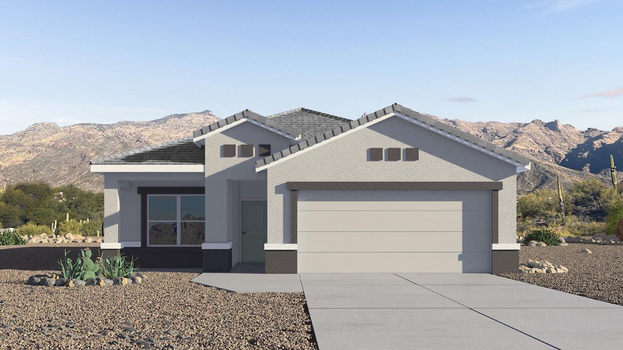 Elevation option C of the Baxter in Agave at Saguaro Bloom, a vibrant neighborhood within the master-planned community of Saguaro Bloom in Marana, Arizona. Placed against the beautiful backdrop of the Tucson Mountains, Agave at Saguaro Bloom offers residents a unique blend of modern convenience and natural beauty. The Baxter floorplan, one of the standout designs in this neighborhood, is a 1,423 square foot home featuring three bedrooms and two bathrooms, all crafted with the quality and style synonymous with D.R. Horton homes.  As you step inside The Baxter, you’ll find a spacious great room that seamlessly connects to the dining area and kitchen, creating an ideal space for both entertaining and everyday living. The kitchen is outfitted with quartz countertops, Shaker-style cabinets, and stainless steel gas appliances, making it both stylish and functional. The master suite offers a private retreat with a walk-in closet and an en suite bathroom featuring executive height vanities.  This home also includes two additional bedrooms, perfect for family members or guests, along with a second full bathroom. The utility room is conveniently located near the kitchen, offering additional storage and functionality. Outside, a covered patio provides a shaded space for outdoor dining or simply enjoying the Arizona sunsets.  Residents of Agave at Saguaro Bloom enjoy a host of community amenities, including access to two pools, a fitness center, over 30 miles of walking trails, and numerous parks and playgrounds. The neighborhood’s location within the highly-rated Marana Unified School District, and its proximity to both urban conveniences and natural attractions, make it an ideal place to call home.  In addition to its prime location and community features, The Baxter also includes energy-efficient features like LED lighting, tankless water heaters, and is part of D.R. Horton’s Zero Energy Ready Home program, ensuring lower energy costs and a reduced environmental impact.  Come explore The Baxter at Agave at Saguaro Bloom, where modern living meets the beauty of Arizona’s desert landscape.