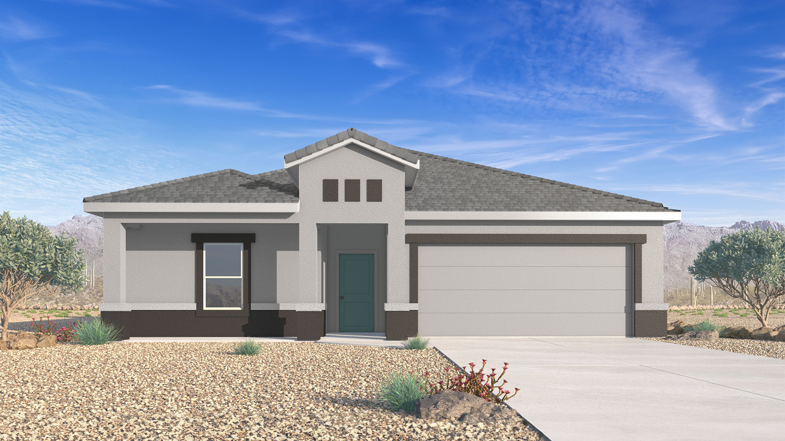 The Cali is a standout single-story new home floorplan available in the Saguaro Bloom community in Marana, Arizona. Offering 1,823 square feet of living space, this home is designed to accommodate modern living with comfort and style. The Cali provides a flexible layout with four bedrooms and two bathrooms, making it an ideal choice for families of all sizes.  The exterior of the Cali presents an inviting façade with its beautiful exterior finishes to suit diverse tastes. As you step inside, you'll be welcomed by a spacious great room that seamlessly connects to the kitchen and dining areas, making it perfect for gatherings and day-to-day living.  This home is equipped with a range of standard features that enhance both its functionality and appeal. Enjoy energy-efficient LED lighting throughout, and a programmable thermostat for easy climate control. The home also includes high-quality finishes such as quartz countertops in the kitchen and bathrooms, and durable wood-look tile flooring in the main living areas.  The kitchen, a focal point of the home, is equipped with stainless steel appliances, ample counter space, and a walk-in pantry that enhances both function and style. The primary bedroom, located at the rear of the home, offers privacy and includes a large walk-in closet and a modern ensuite bathroom with dual vanities and a spacious shower. The remaining three bedrooms are well-sized and share a conveniently located bathroom.  Designed with practicality in mind, this floorplan includes a two-car garage with an option for a third, a utility room with washer and dryer connections, and additional storage space.   Living in Agave at Saguaro Bloom provides residents with access to top-rated schools, community parks, and scenic walking trails. This vibrant neighborhood is the perfect setting for those looking to enjoy the best of Arizona living.  *Images shown are for reference only. They depict the sales model home and may not represent the actual home.