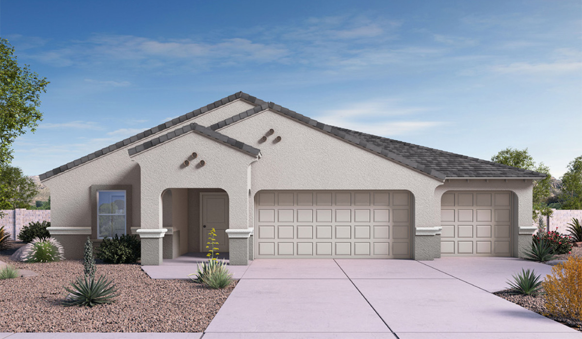 The Eureka floor plan is a spacious single-story new home situated in the Agave neighborhood at Saguaro Bloom, offering 2,168 square feet of well-planned living space that perfectly suits a variety of lifestyles. This home features five bedrooms and three full bathrooms making it an ideal choice for families and those needing room to grow. As you step into the front porch and through the front door, you're greeted by the open layout with a seamless flow between the living, dining, and kitchen area, ensuring that every part of the home feels connected. The kitchen, equipped with a central island, granite countertops, and your choice of white or gray Shaker-style cabinets, is designed for both functionality and style. A walk-in pantry provides additional storage, making it easy to keep everything organized.  The Eureka's five bedrooms are thoughtfully arranged to provide both privacy and convenience. The primary suite is tucked away at the rear of the home, offering a private retreat with a walk-in closet and an en-suite bathroom complete with an optional dual sink vanity. The additional bedrooms are strategically placed near the front and center of the home, each with access to a full bathroom, ensuring comfort for all family members or guests.  The large great room serves as the central gathering space, perfect for family activities or entertaining guests. Adjacent to the great room is a covered patio, extending your living space outdoors and offering a perfect spot to enjoy the serene surroundings of Saguaro Bloom.  Practical features like a dedicated utility room and a spacious three-car garage enhance the functionality of this home, while large windows ensure that natural light fills the space, creating a bright and inviting atmosphere.  Located within the vibrant Saguaro Bloom community, residents of The Jerome can take advantage of a wide array of amenities, from resort-style pools to extensive walking trails. This home offers a unique opportunity to enjoy both comfort and community in one of Marana’s most sought-after neighborhoods.