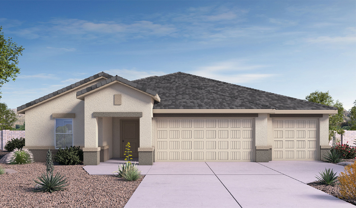 The Eureka floor plan is a spacious single-story new home situated in the Agave neighborhood at Saguaro Bloom, offering 2,168 square feet of well-planned living space that perfectly suits a variety of lifestyles. This home features five bedrooms and three full bathrooms making it an ideal choice for families and those needing room to grow. As you step into the front porch and through the front door, you're greeted by the open layout with a seamless flow between the living, dining, and kitchen area, ensuring that every part of the home feels connected. The kitchen, equipped with a central island, granite countertops, and your choice of white or gray Shaker-style cabinets, is designed for both functionality and style. A walk-in pantry provides additional storage, making it easy to keep everything organized.  The Eureka's five bedrooms are thoughtfully arranged to provide both privacy and convenience. The primary suite is tucked away at the rear of the home, offering a private retreat with a walk-in closet and an en-suite bathroom complete with an optional dual sink vanity. The additional bedrooms are strategically placed near the front and center of the home, each with access to a full bathroom, ensuring comfort for all family members or guests.  The large great room serves as the central gathering space, perfect for family activities or entertaining guests. Adjacent to the great room is a covered patio, extending your living space outdoors and offering a perfect spot to enjoy the serene surroundings of Saguaro Bloom.  Practical features like a dedicated utility room and a spacious three-car garage enhance the functionality of this home, while large windows ensure that natural light fills the space, creating a bright and inviting atmosphere.  Located within the vibrant Saguaro Bloom community, residents of The Jerome can take advantage of a wide array of amenities, from resort-style pools to extensive walking trails. This home offers a unique opportunity to enjoy both comfort and community in one of Marana’s most sought-after neighborhoods.