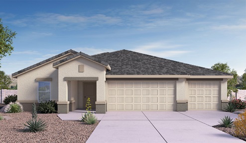 Elevation option A of the Eureka floor plan is a spacious single-story new home situated in the Agave neighborhood at Saguaro Bloom, offering 2,168 square feet of well-planned living space that perfectly suits a variety of lifestyles. This home features five bedrooms and three full bathrooms making it an ideal choice for families and those needing room to grow. As you step into the front porch and through the front door, you're greeted by the open layout with a seamless flow between the living, dining, and kitchen area, ensuring that every part of the home feels connected. The kitchen, equipped with a central island, granite countertops, and your choice of white or gray Shaker-style cabinets, is designed for both functionality and style. A walk-in pantry provides additional storage, making it easy to keep everything organized. The Eureka's five bedrooms are thoughtfully arranged to provide both privacy and convenience. The primary suite is tucked away at the rear of the home, offering a private retreat with a walk-in closet and an en-suite bathroom complete with an optional dual sink vanity. The additional bedrooms are strategically placed near the front and center of the home, each with access to a full bathroom, ensuring comfort for all family members or guests. The large great room serves as the central gathering space, perfect for family activities or entertaining guests. Adjacent to the great room is a covered patio, extending your living space outdoors and offering a perfect spot to enjoy the serene surroundings of Saguaro Bloom. Practical features like a dedicated utility room and a spacious three-car garage enhance the functionality of this home, while large windows ensure that natural light fills the space, creating a bright and inviting atmosphere. Located within the vibrant Saguaro Bloom community, residents of The Jerome can take advantage of a wide array of amenities, from resort-style pools to extensive walking trails. This home offers a unique opportunity to enjoy both comfort and community in one of Marana’s most sought-after neighborhoods.